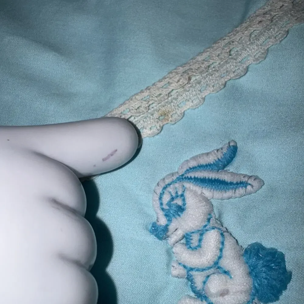 Vtg 60s 70s Baby Blanket Blue Embroidered Bunny Crochet Lace Cottagecore 43x39”